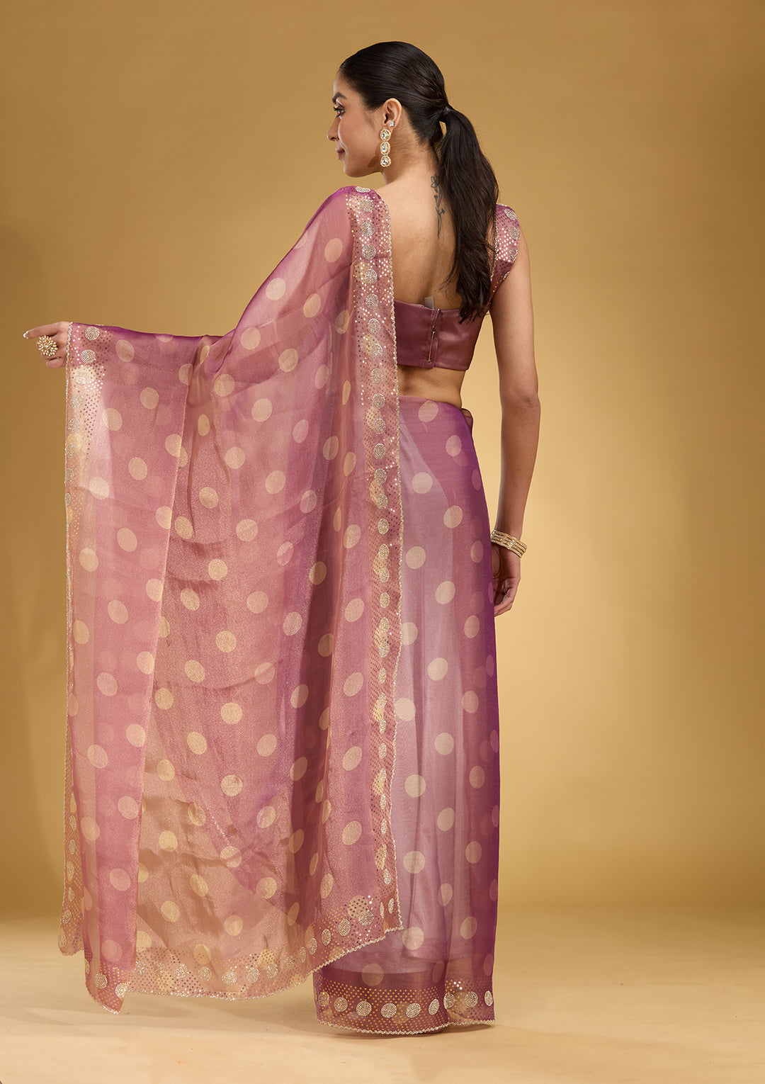 Onion Pink Stonework (Gold) Tissue Saree