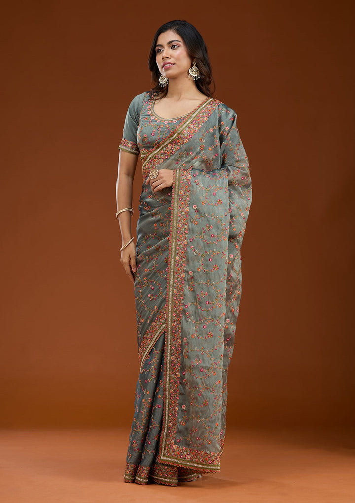 Grey Threadwork Tissue Saree_koskii