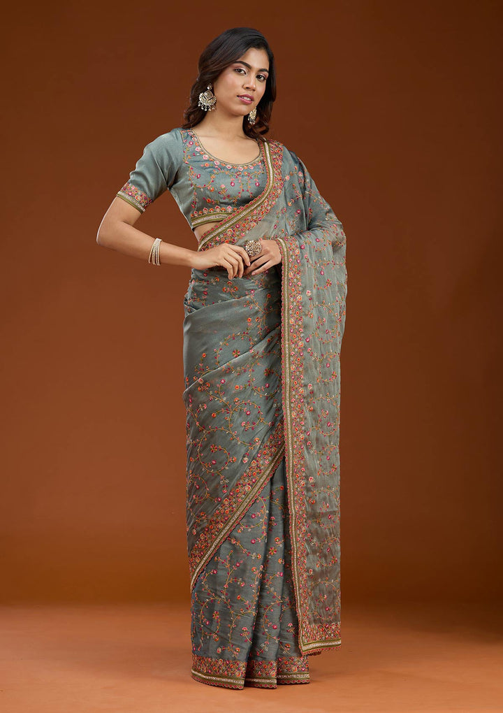 Grey Threadwork Tissue Saree_koskii