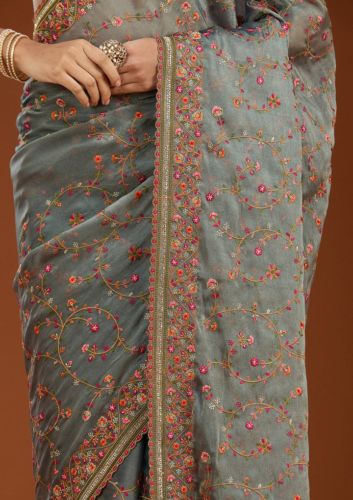 Grey Threadwork Tissue Saree_koskii