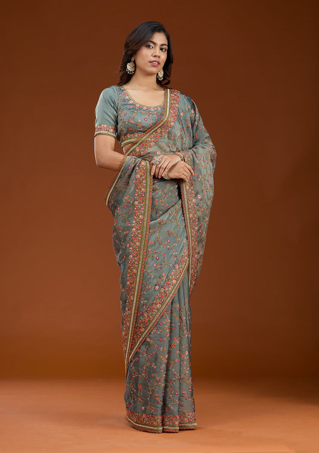 Grey Threadwork Tissue Saree_koskii