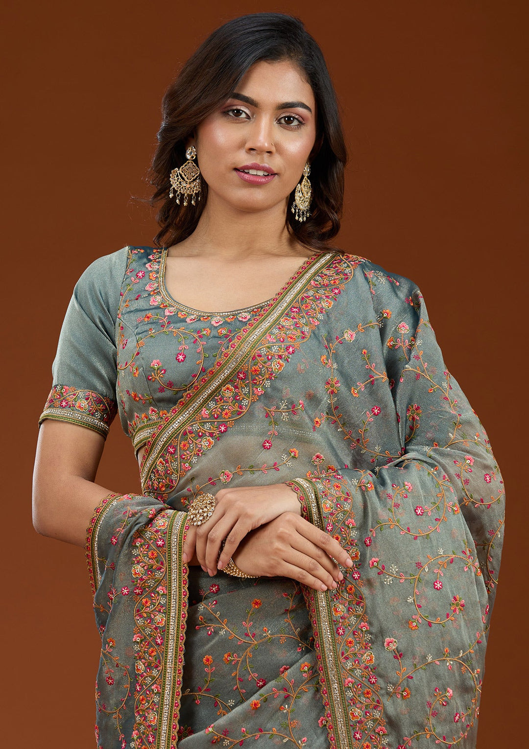 Grey Threadwork Tissue Saree_koskii