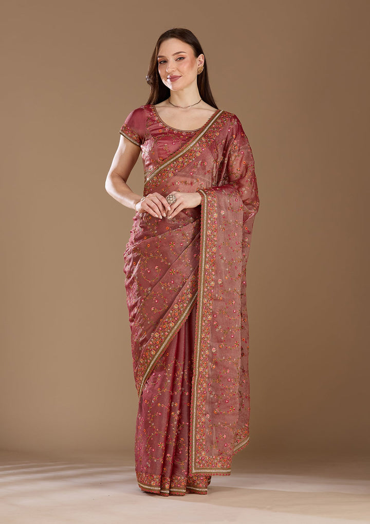 Rani Pink Stonework (Gold) Tissue Saree