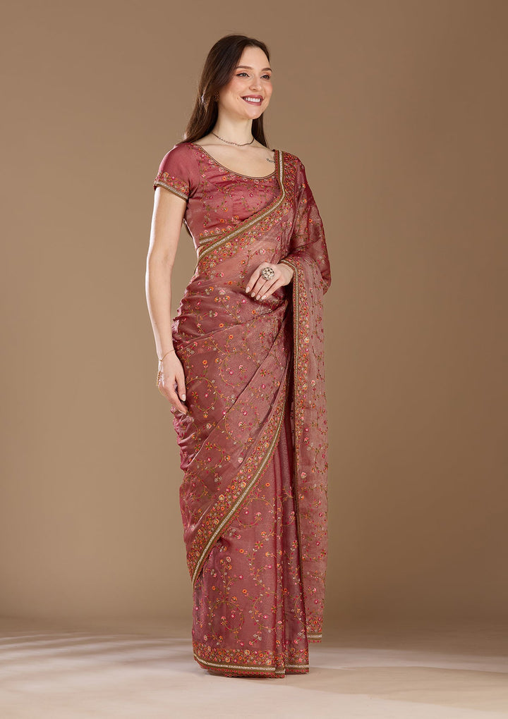 Rani Pink Stonework (Gold) Tissue Saree
