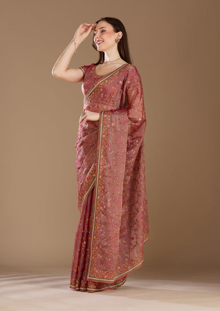 Rani Pink Stonework (Gold) Tissue Saree