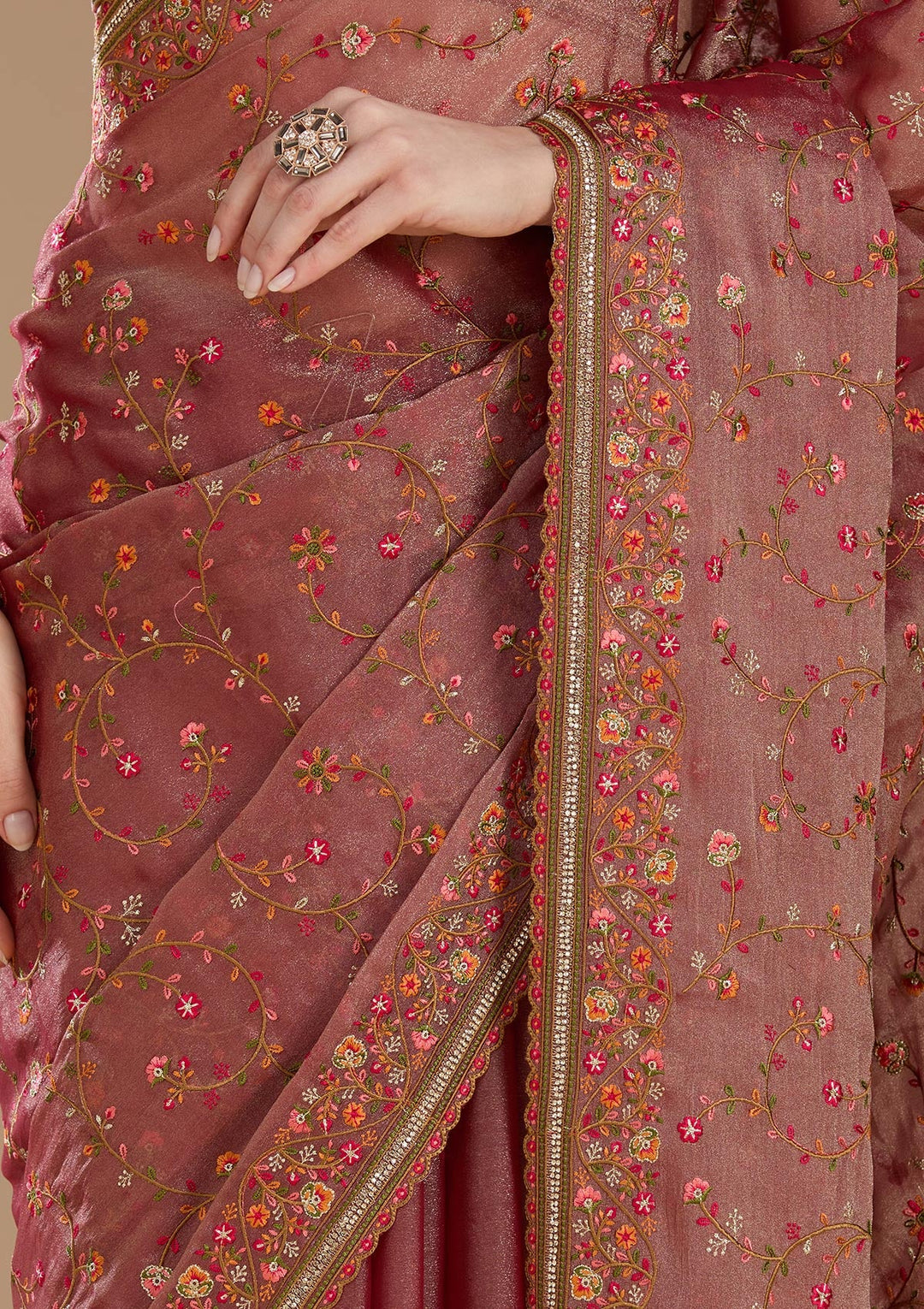 Rani Pink Stonework (Gold) Tissue Saree