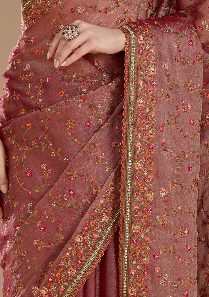 Rani Pink Stonework (Gold) Tissue Saree