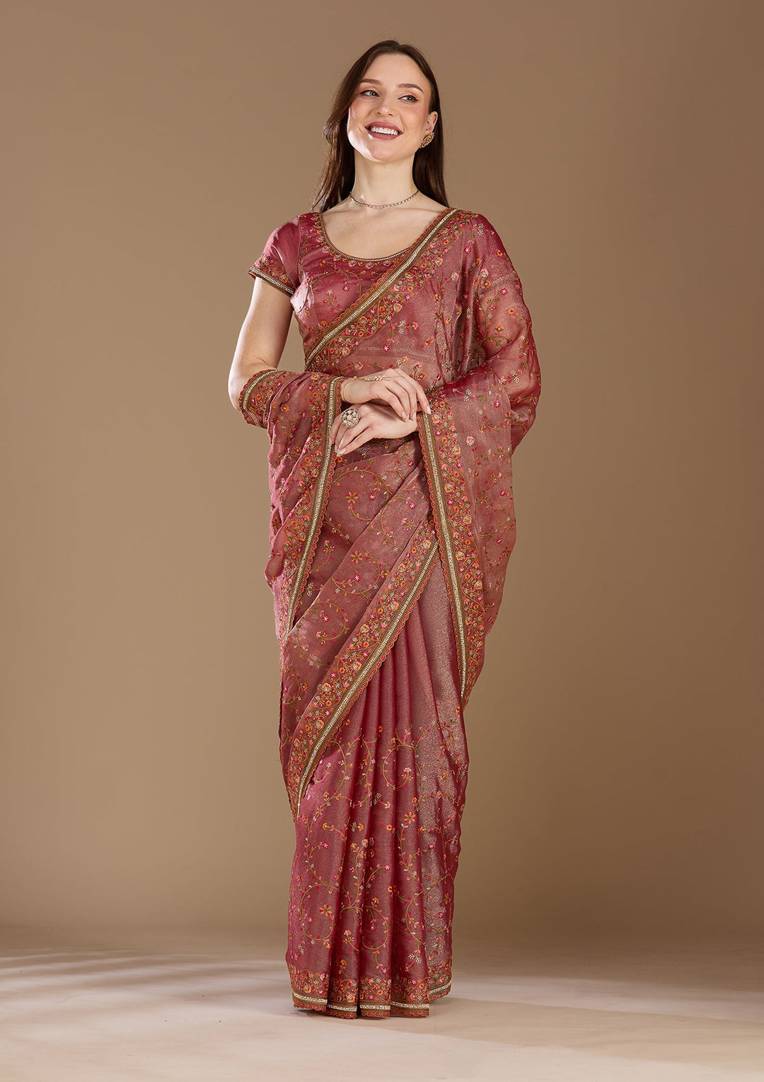 Rani Pink Stonework (Gold) Tissue Saree
