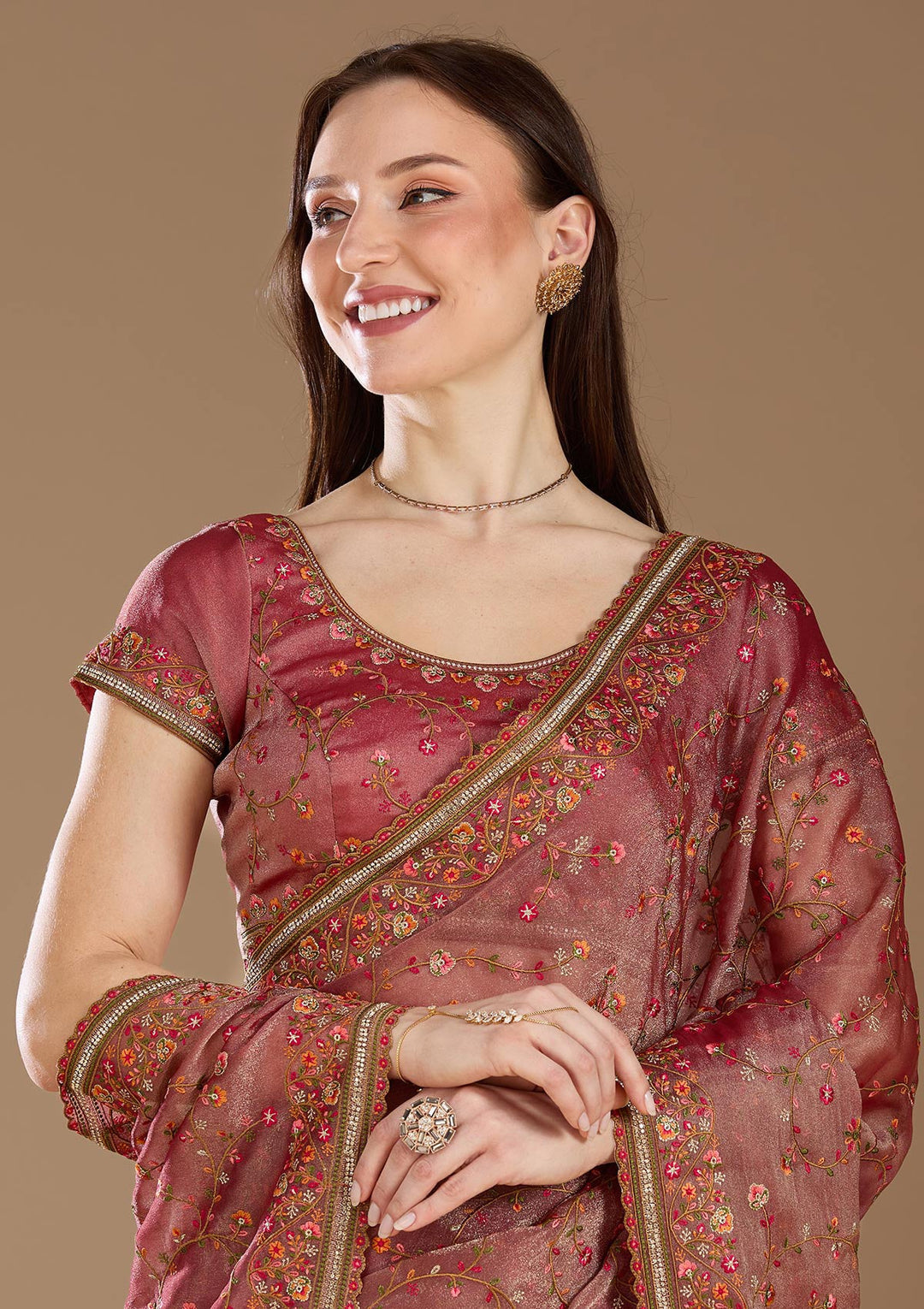 Rani Pink Stonework (Gold) Tissue Saree