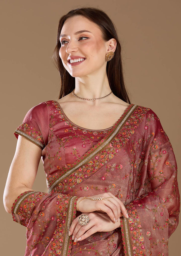 Rani Pink Stonework (Gold) Tissue Saree