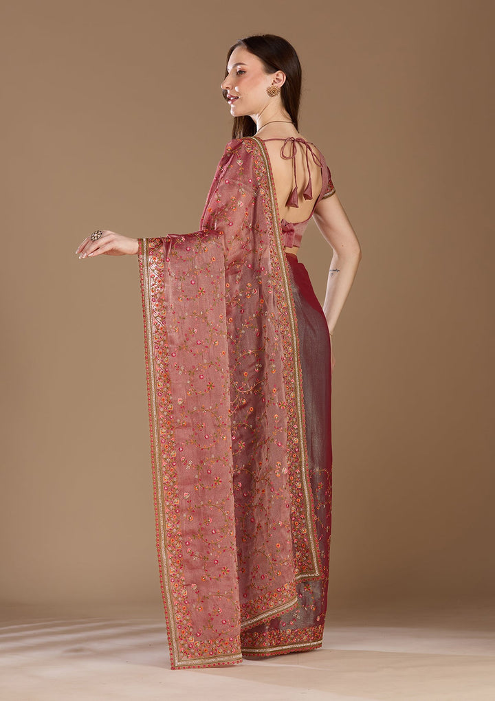 Rani Pink Stonework (Gold) Tissue Saree