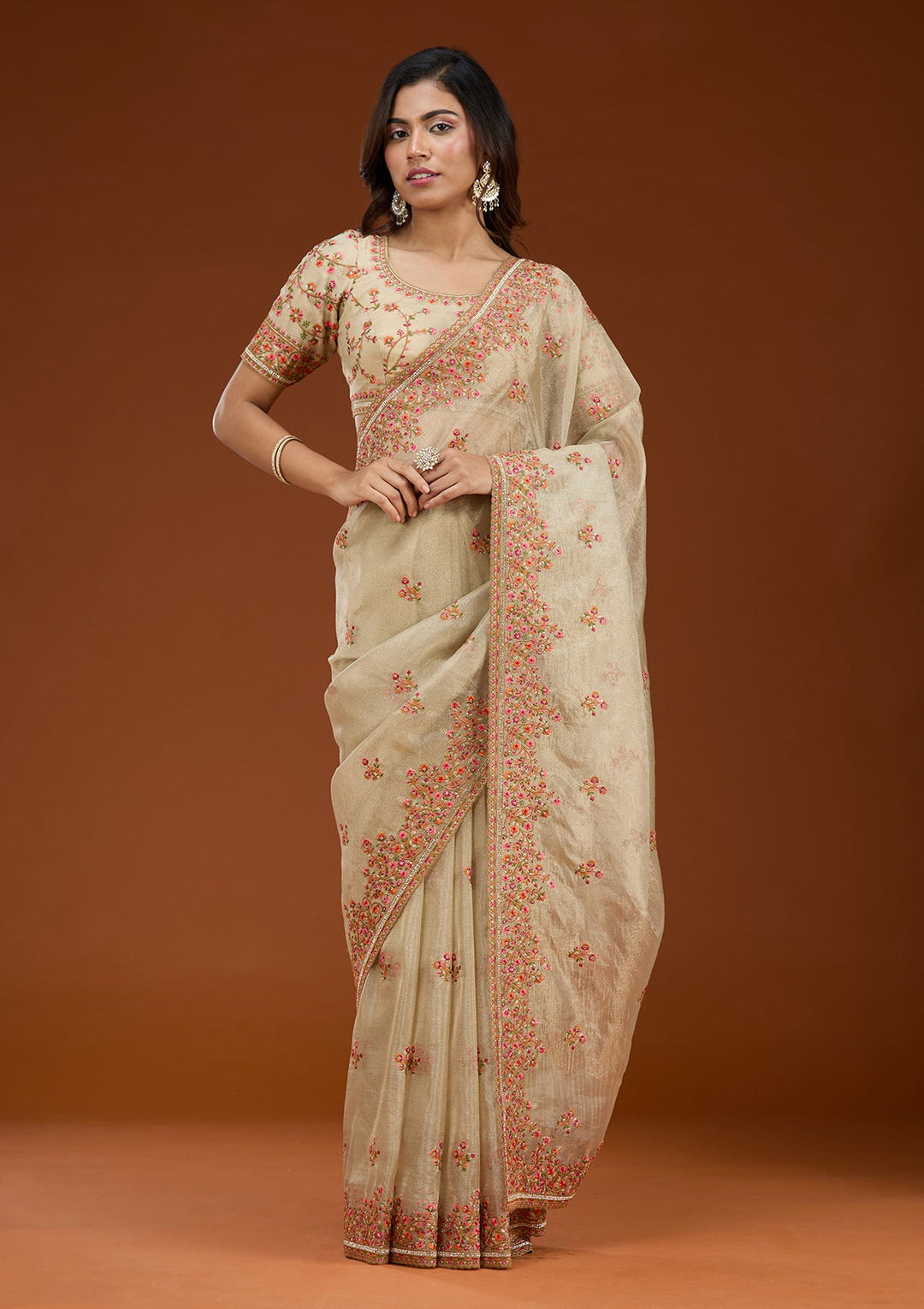 Beige Threadwork Tissue Saree_koskii