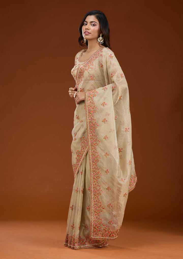 Beige Threadwork Tissue Saree_koskii