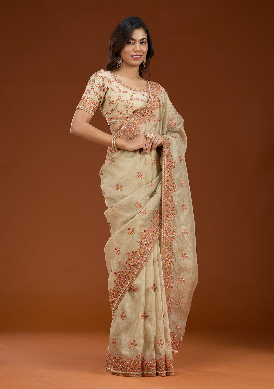 Beige Threadwork Tissue Saree_koskii