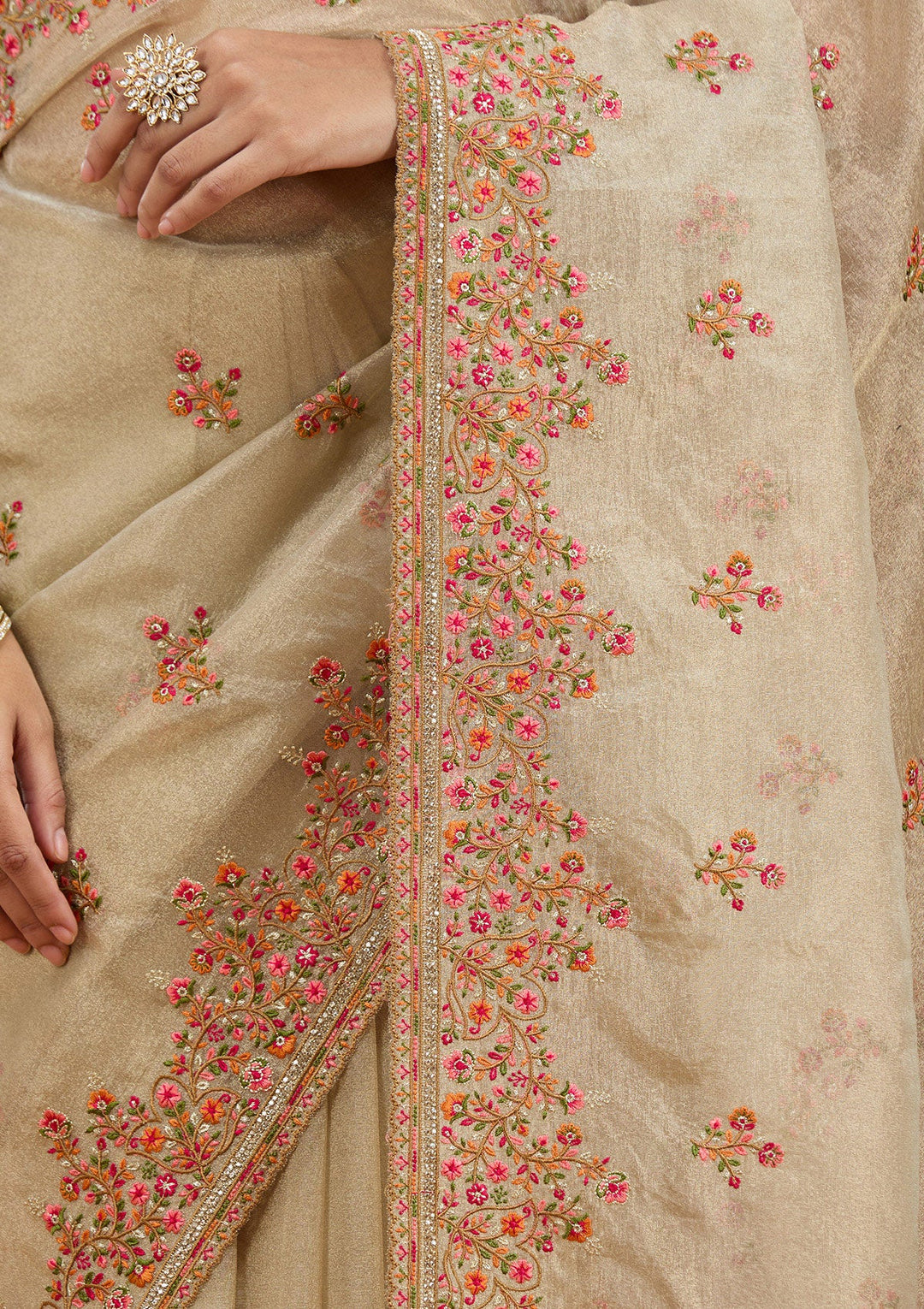Beige Threadwork Tissue Saree_koskii