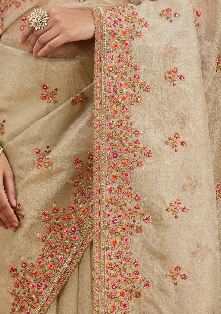 Beige Threadwork Tissue Saree_koskii