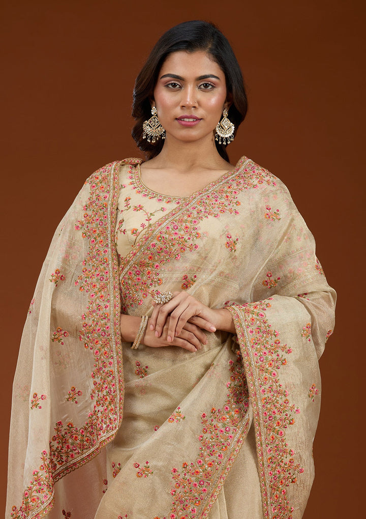 Beige Threadwork Tissue Saree_koskii