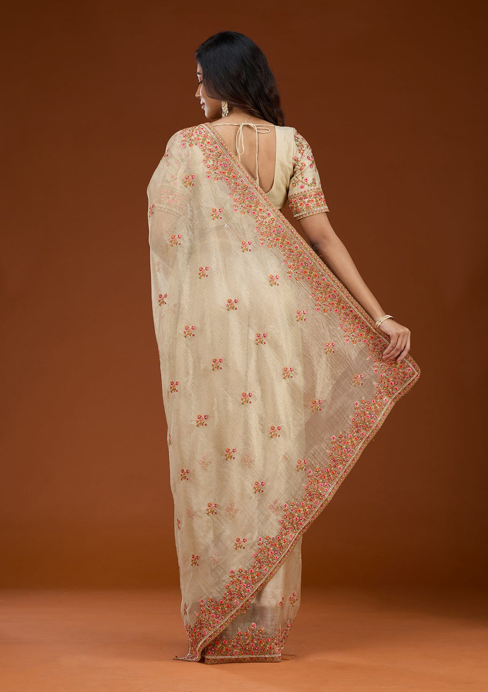 Beige Threadwork Tissue Saree_koskii