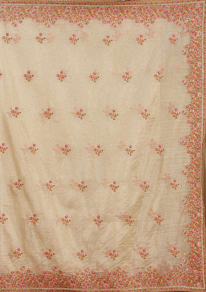 Beige Threadwork Tissue Saree_koskii