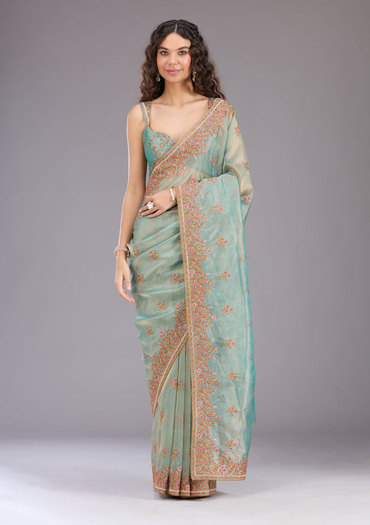Sea Green Threadwork Tissue Saree