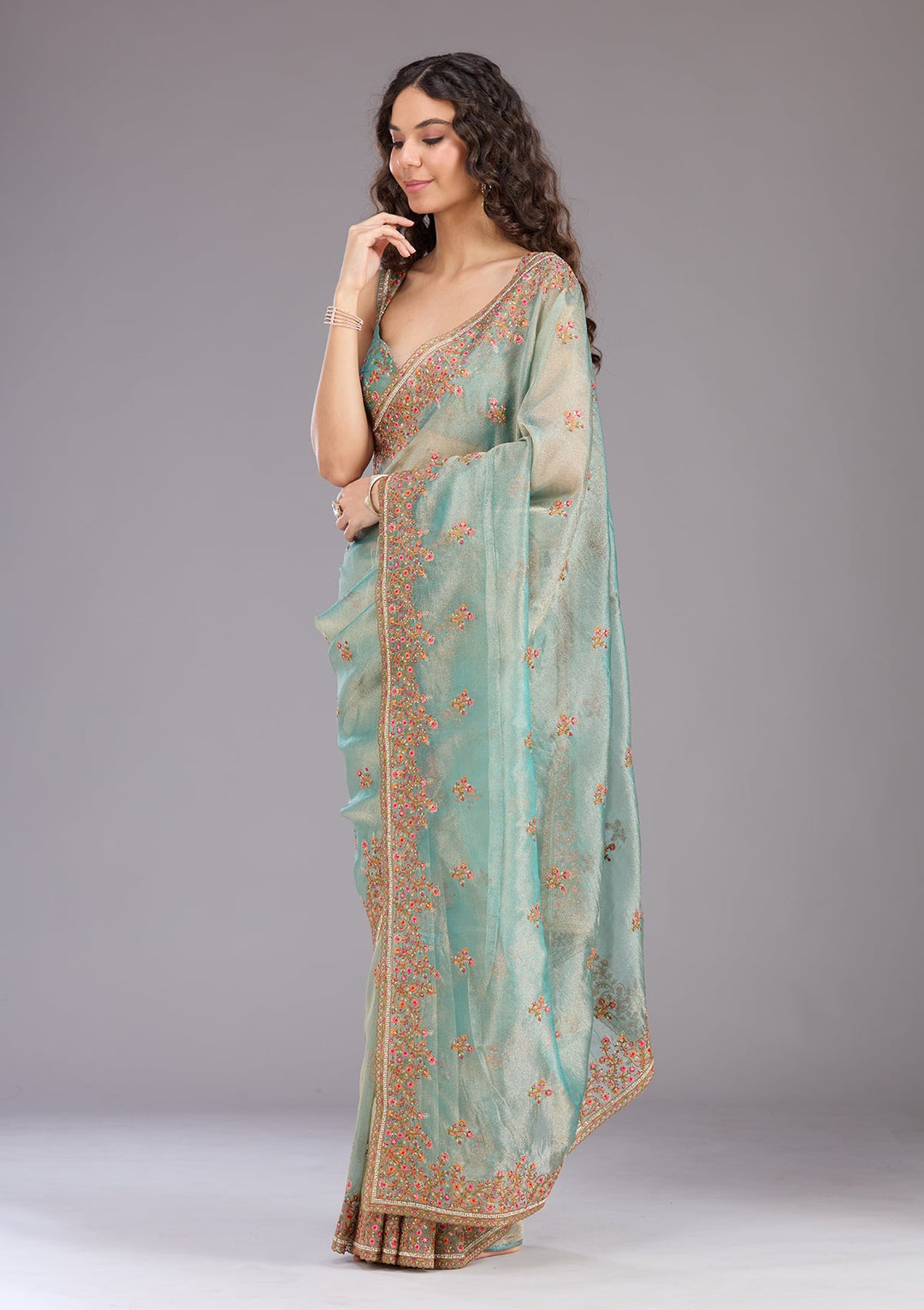 Sea Green Threadwork Tissue Saree