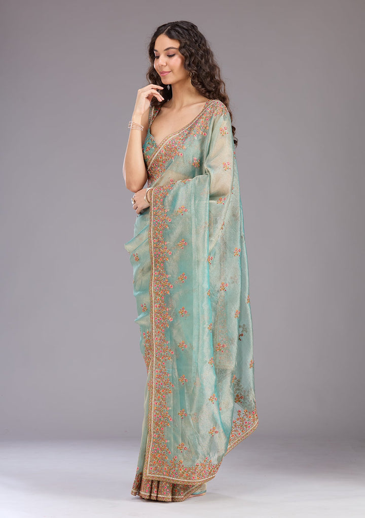 Sea Green Threadwork Tissue Saree