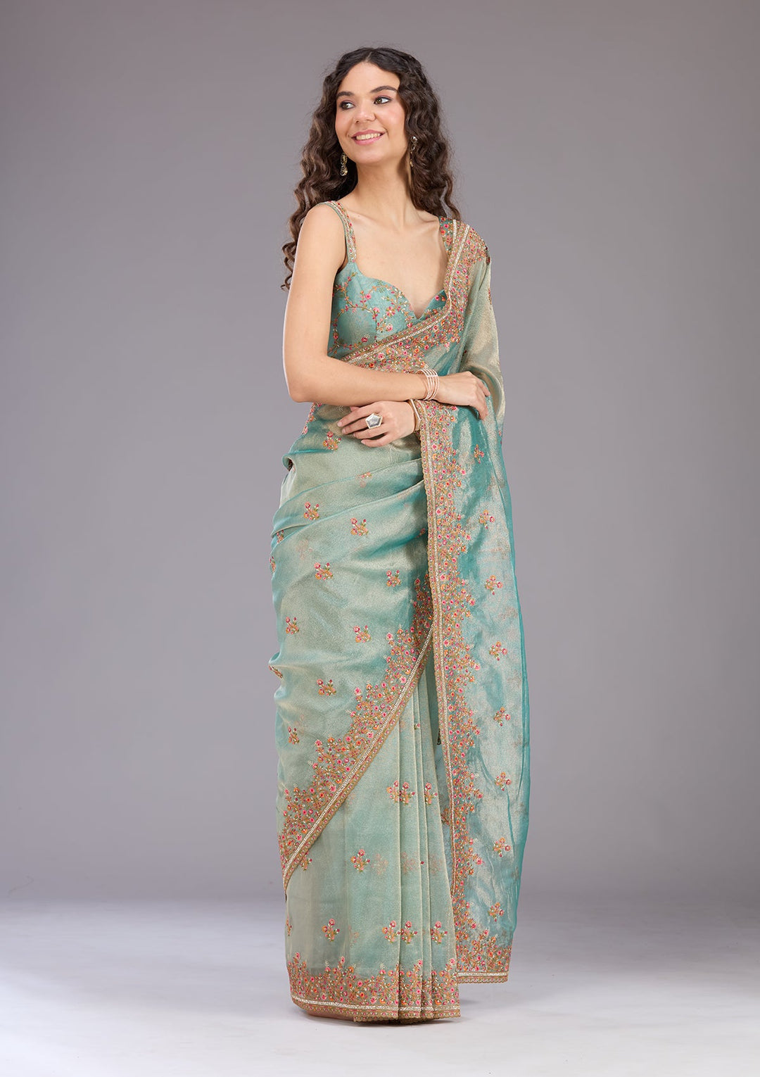 Sea Green Threadwork Tissue Saree