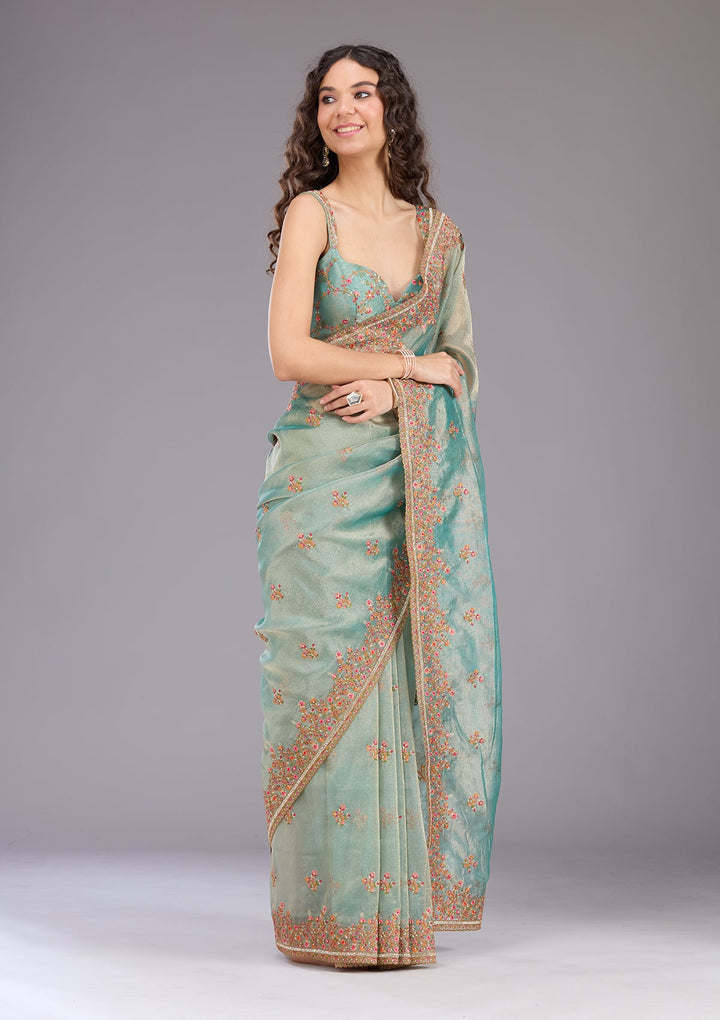 Sea Green Threadwork Tissue Saree