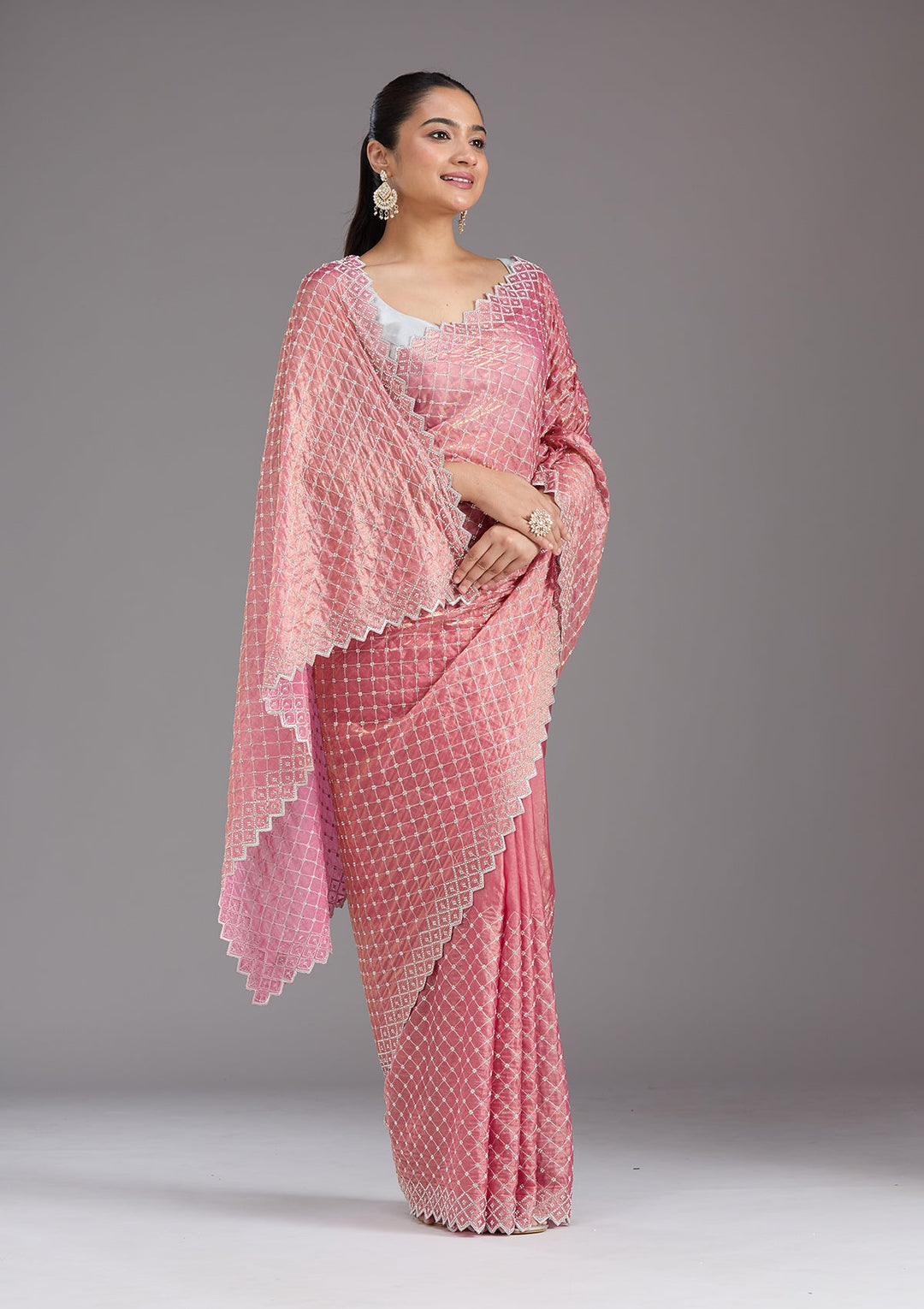 Onion Pink Stonework (Silver) Tissue Saree_koskii