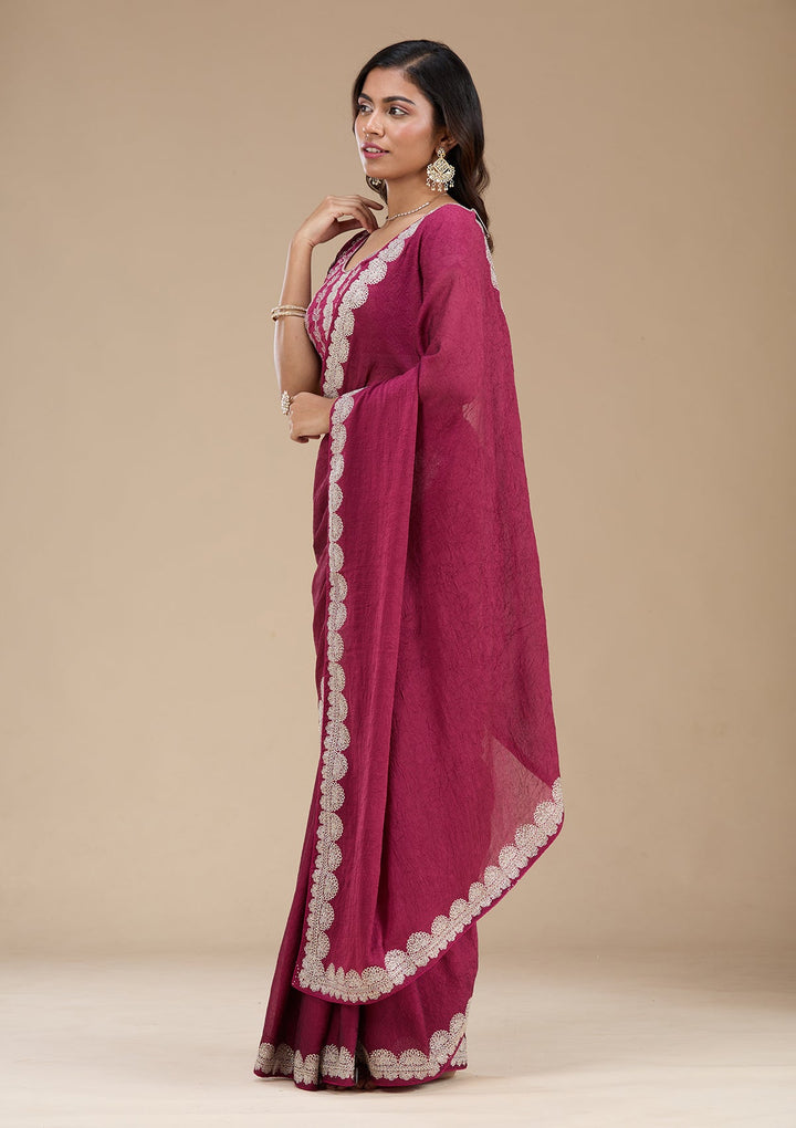 Magenta Pink Zariwork (Silver) Soft Raw Silk Saree_koskii