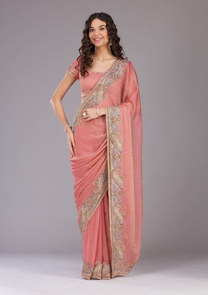 Onion Pink Stonework (Gold) Tissue Saree