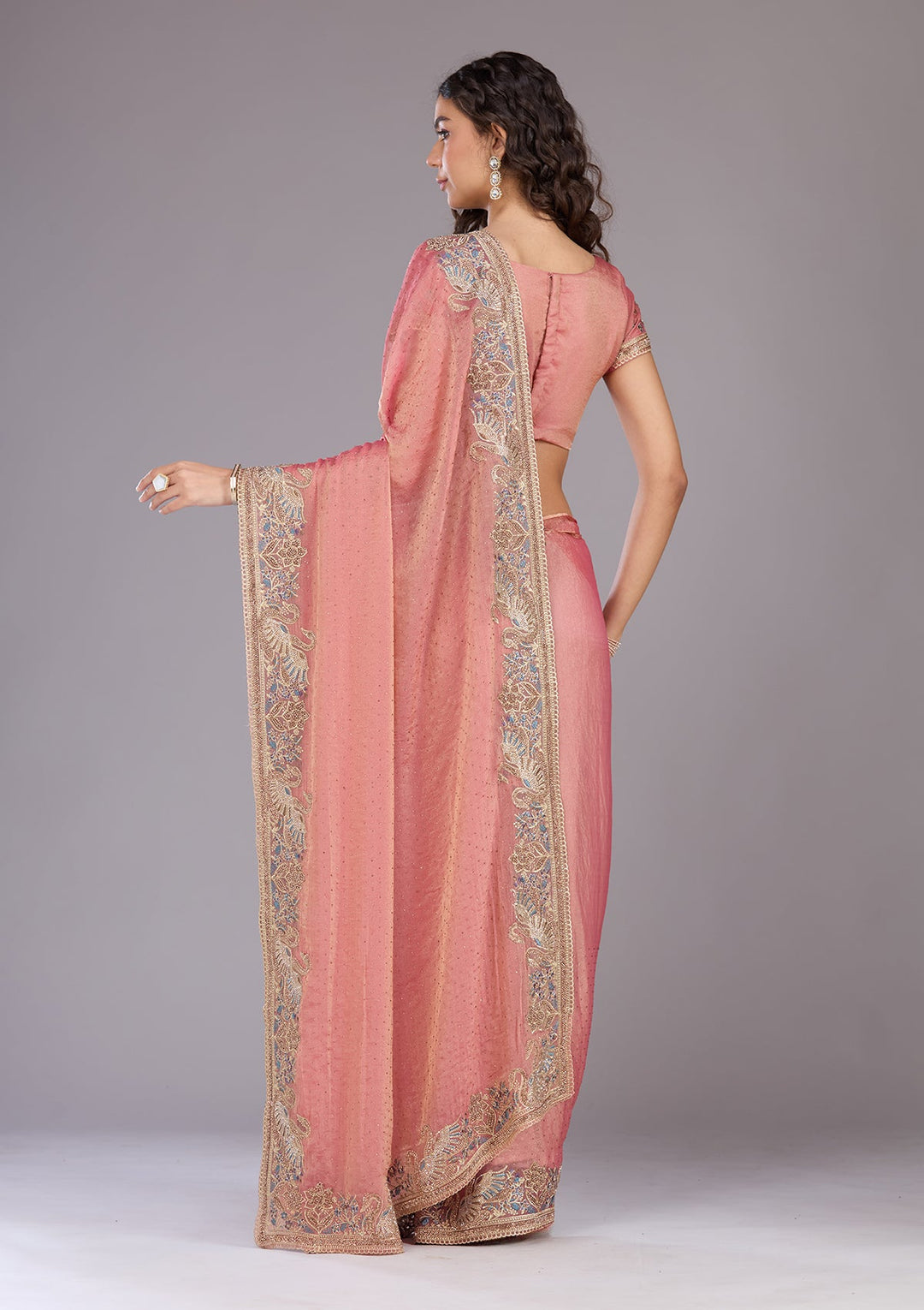 Onion Pink Stonework (Gold) Tissue Saree