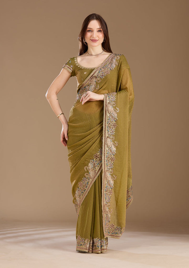 Sea Green Stonework (Gold) Tissue Saree