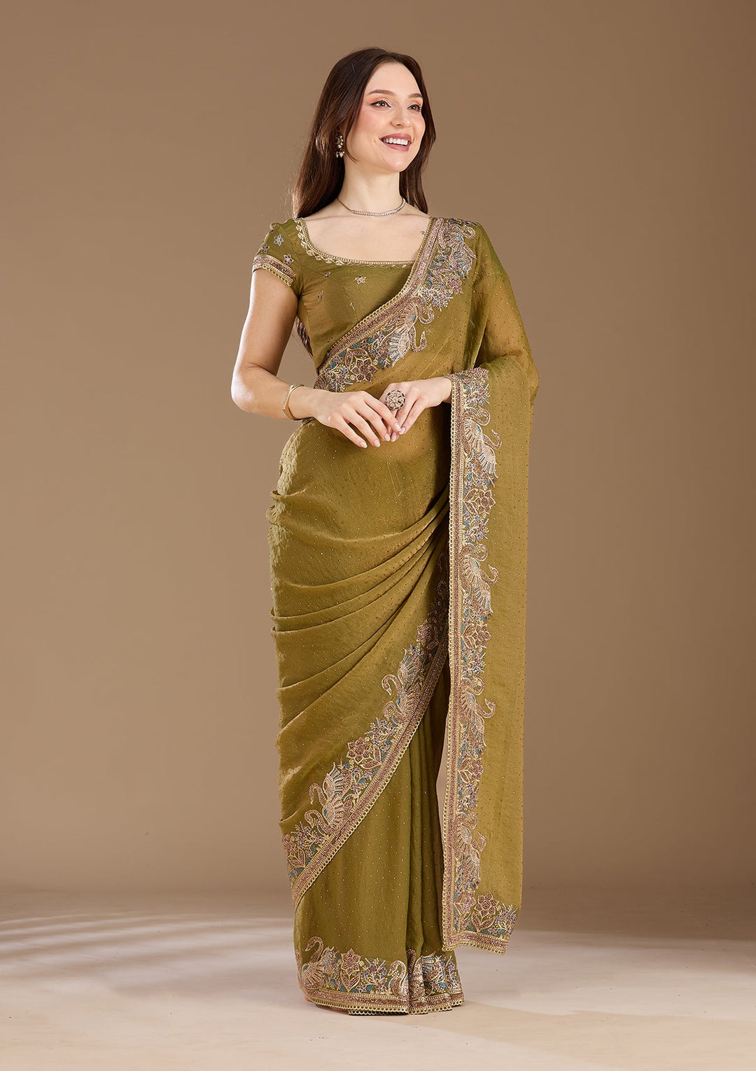Sea Green Stonework (Gold) Tissue Saree