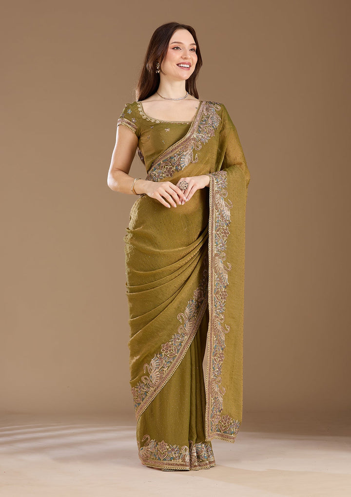 Sea Green Stonework (Gold) Tissue Saree
