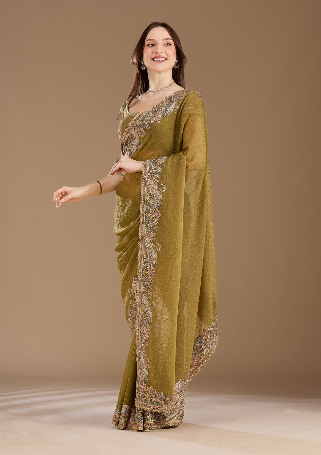 Sea Green Stonework (Gold) Tissue Saree