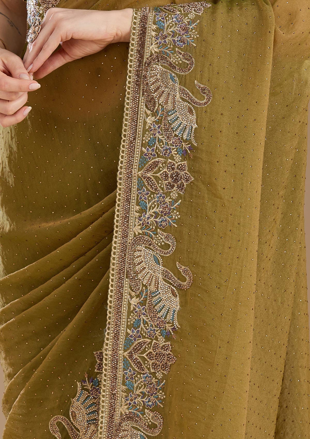 Sea Green Stonework (Gold) Tissue Saree