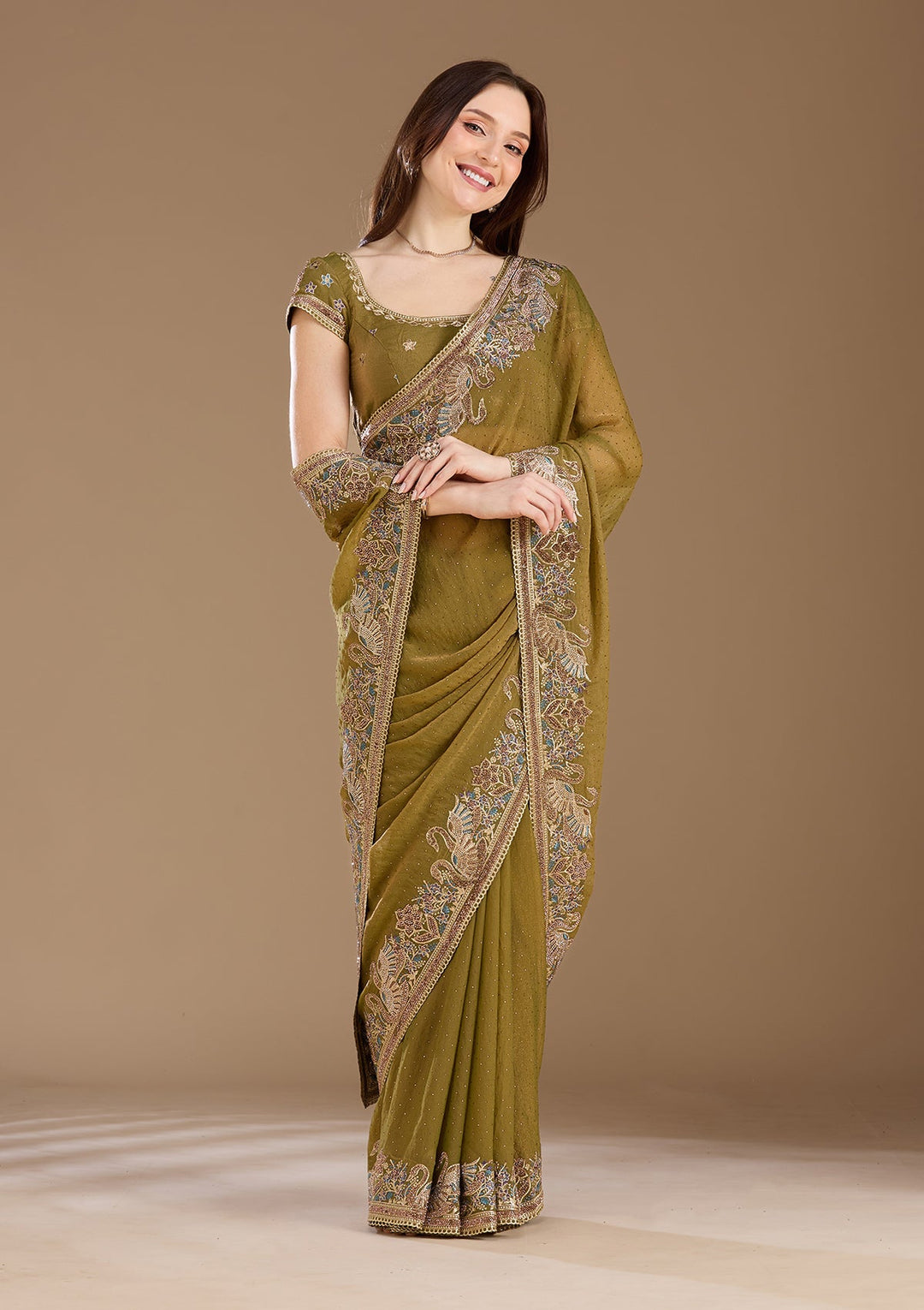 Sea Green Stonework (Gold) Tissue Saree