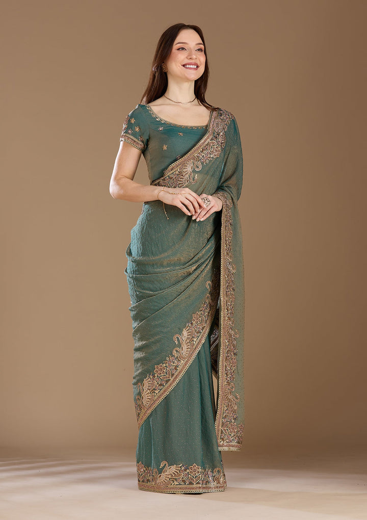 Sea Green Stonework (Gold) Tissue Saree