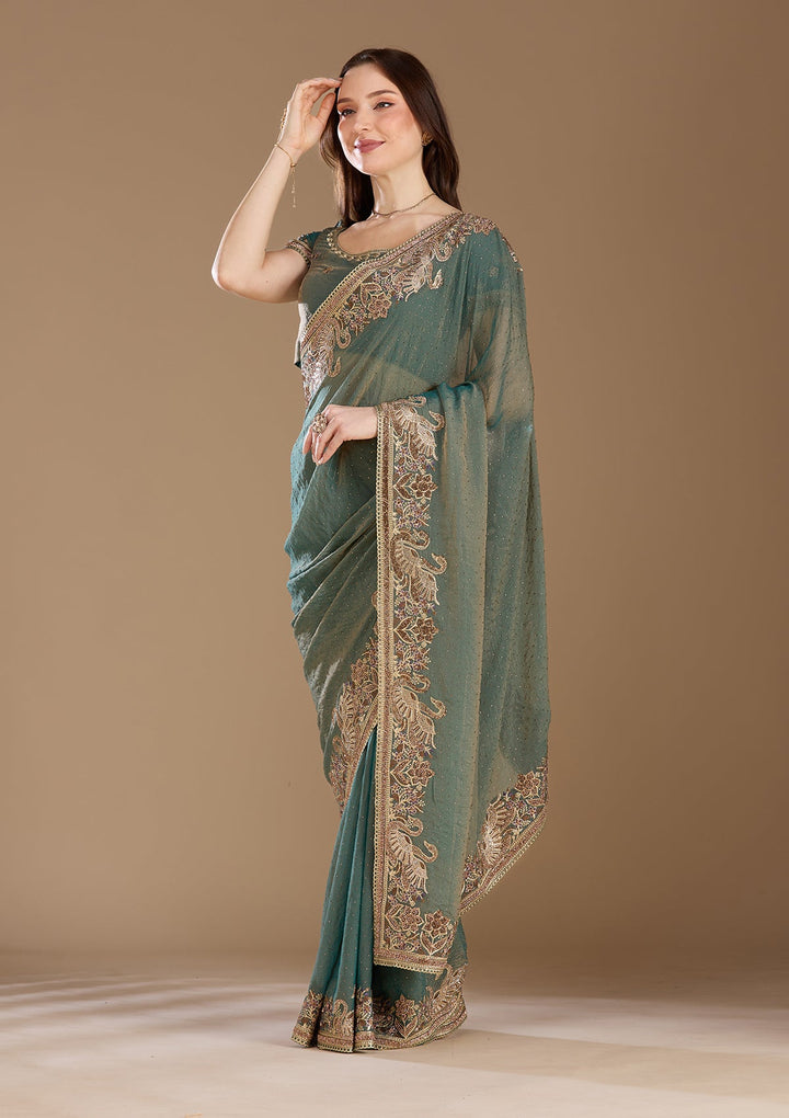 Sea Green Stonework (Gold) Tissue Saree