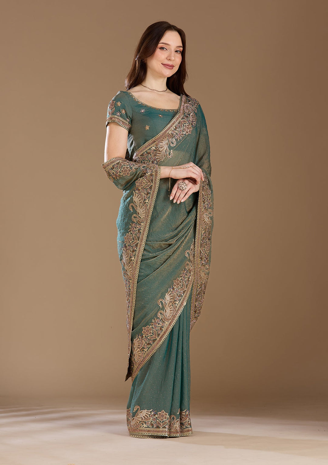 Sea Green Stonework (Gold) Tissue Saree