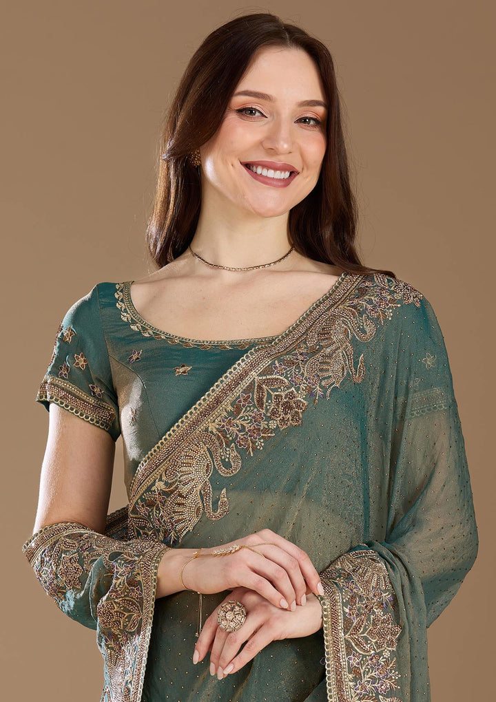 Sea Green Stonework (Gold) Tissue Saree