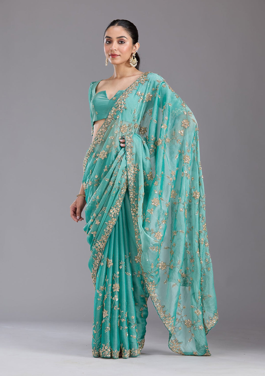 Sea Green Cutdana Tissue Saree-koskii