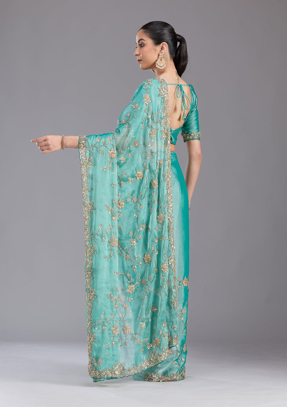 Sea Green Cutdana Tissue Saree-koskii