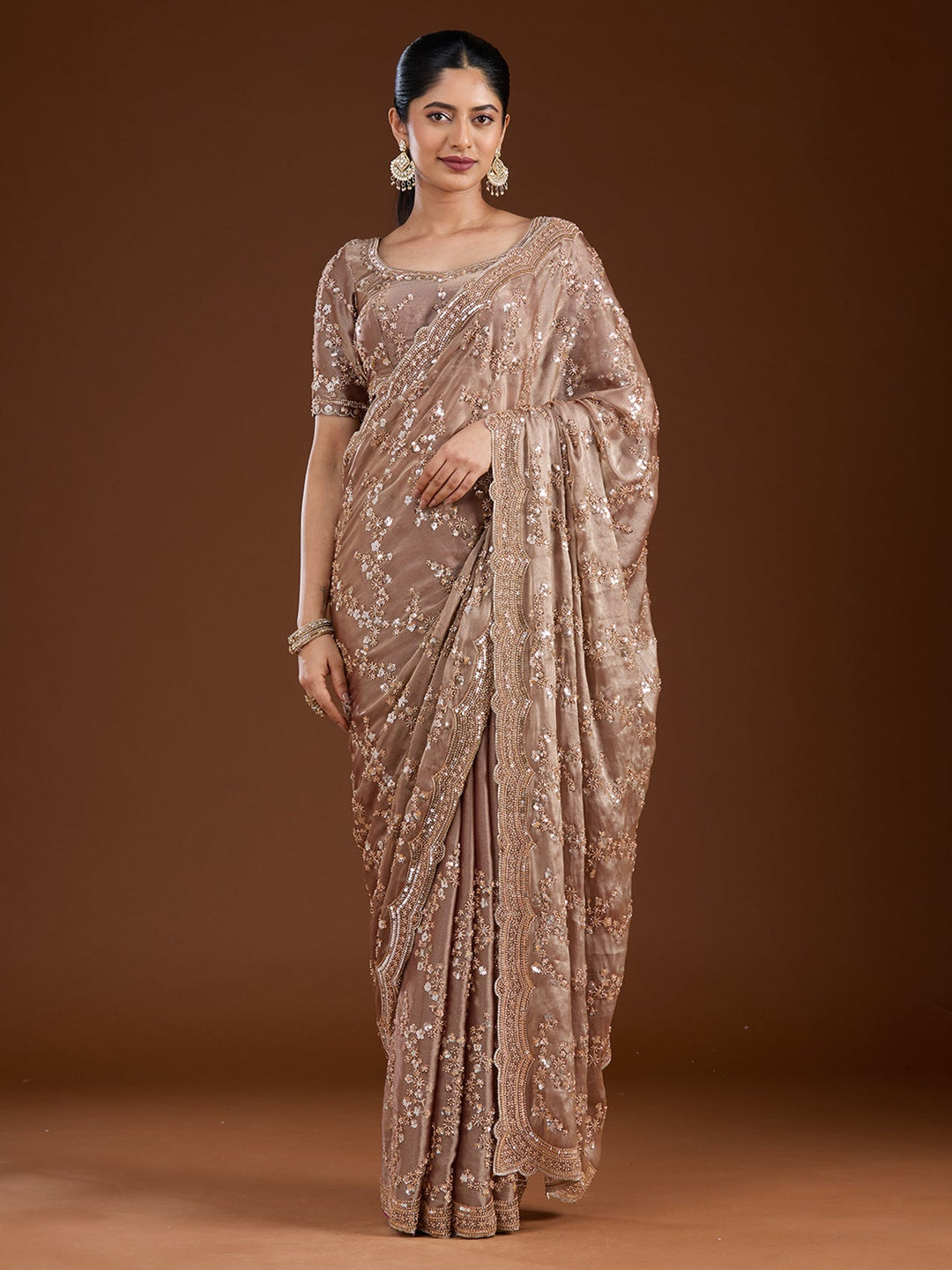 Light Brown Cutdana Tissue Saree-Koskii