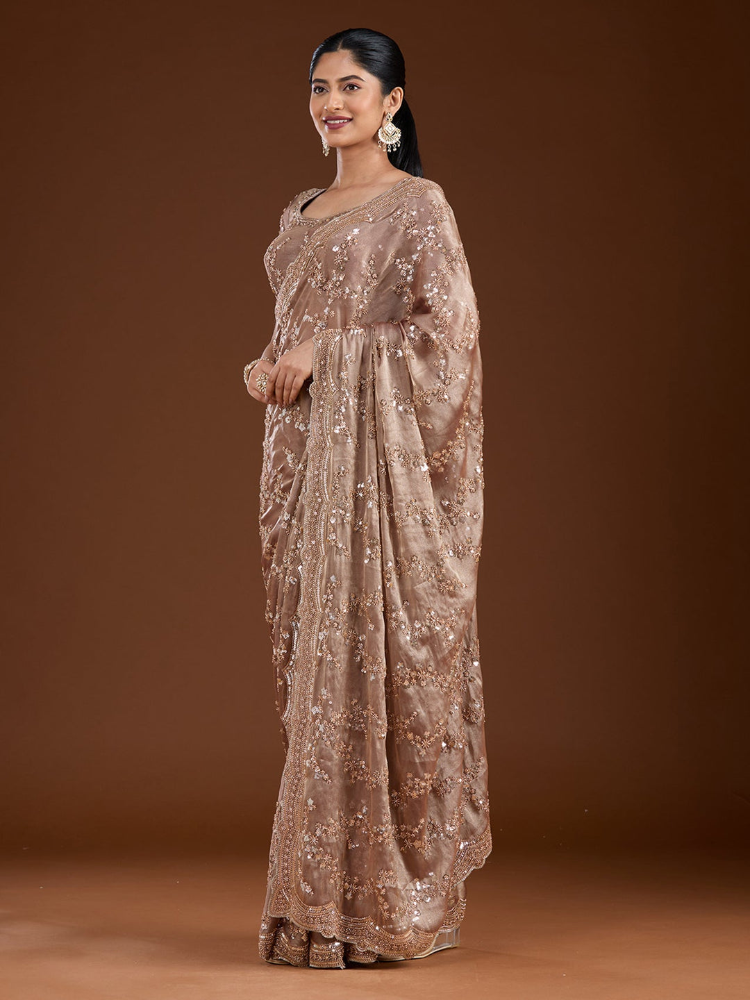 Light Brown Cutdana Tissue Saree-Koskii
