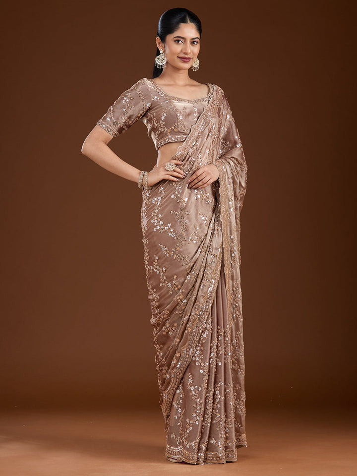 Light Brown Cutdana Tissue Saree-Koskii