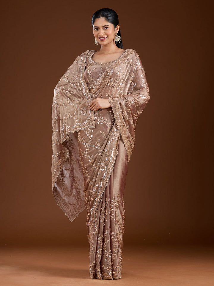 Light Brown Cutdana Tissue Saree-Koskii