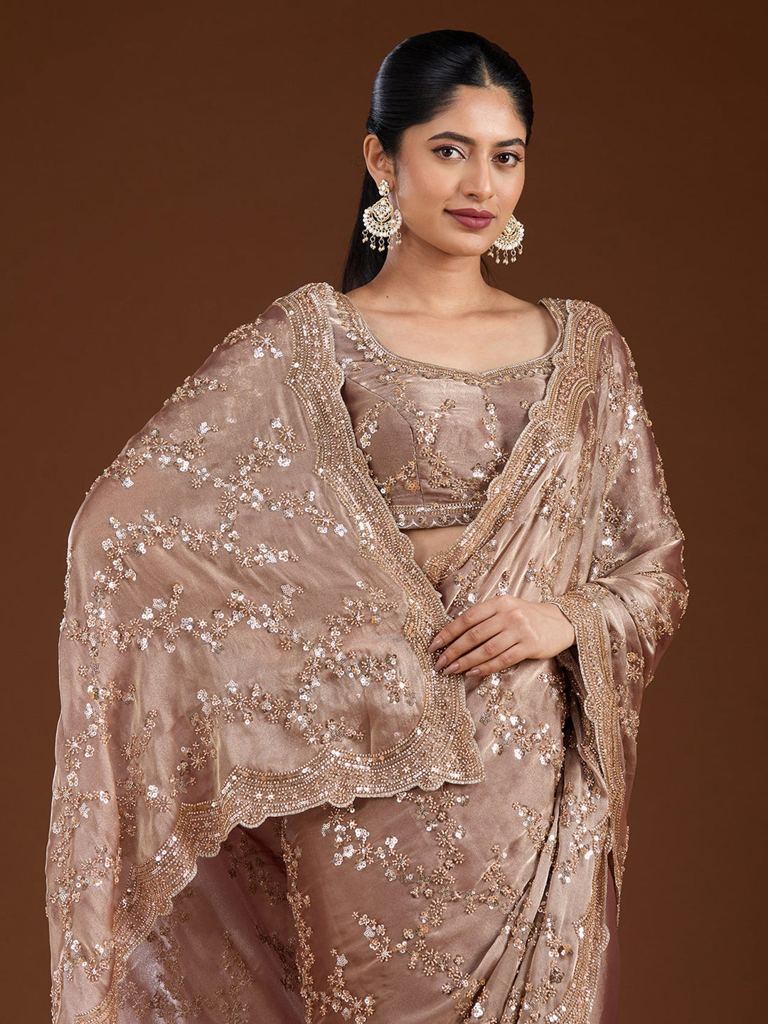 Light Brown Cutdana Tissue Saree-Koskii