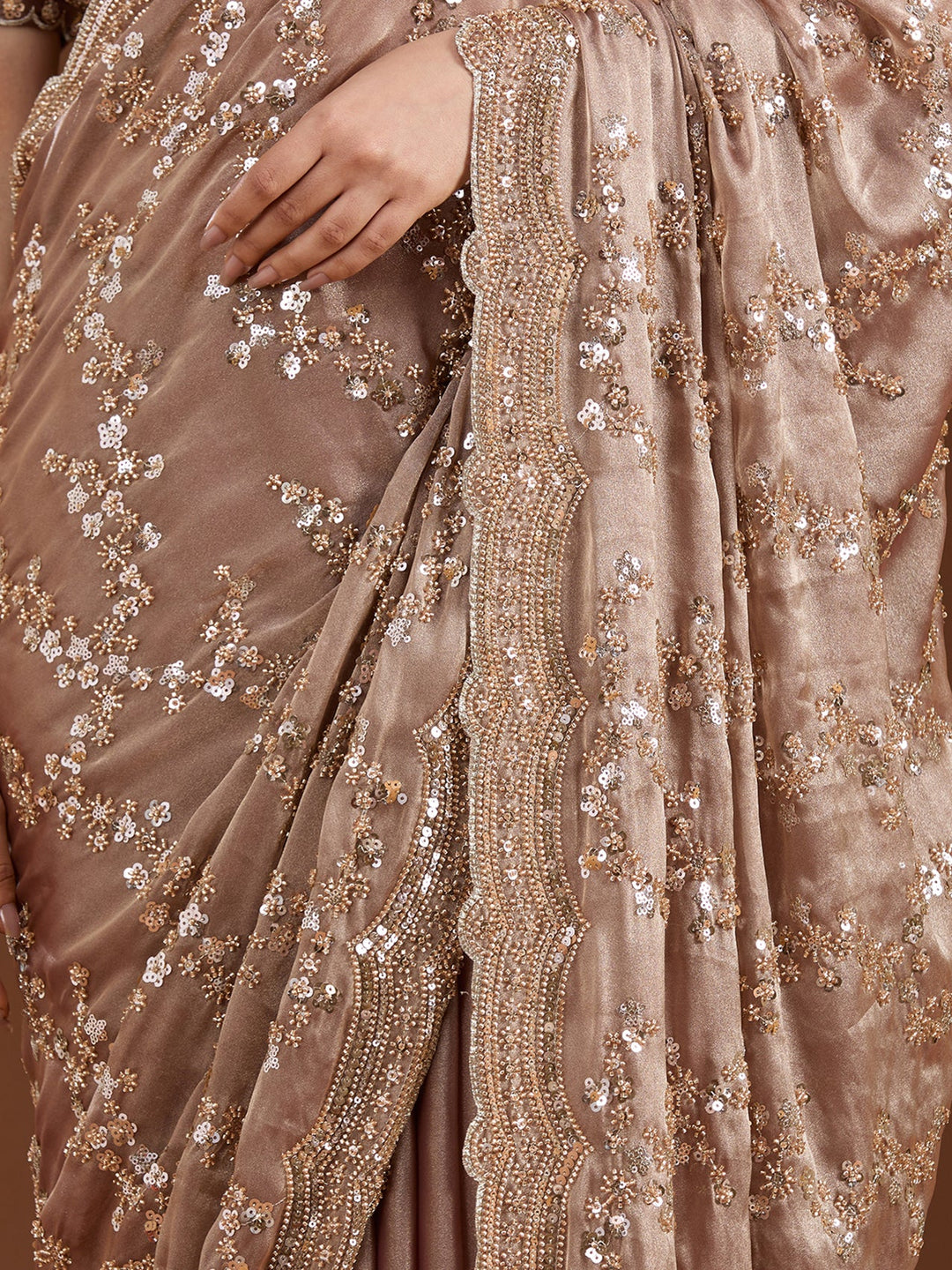 Light Brown Cutdana Tissue Saree-Koskii
